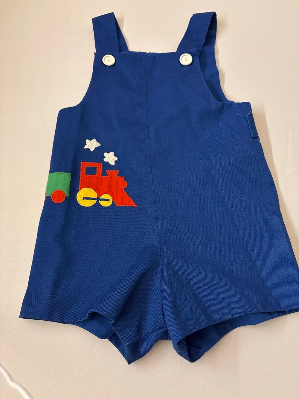 Vintage Royal Blue Train Applique Jon Jon Overalls Shortall 3T Cottagecore